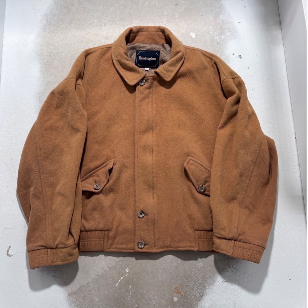 Huntington Vintage Wool Bomber Jacket Mens Large Camel Tan Full Zip Heavy Coat